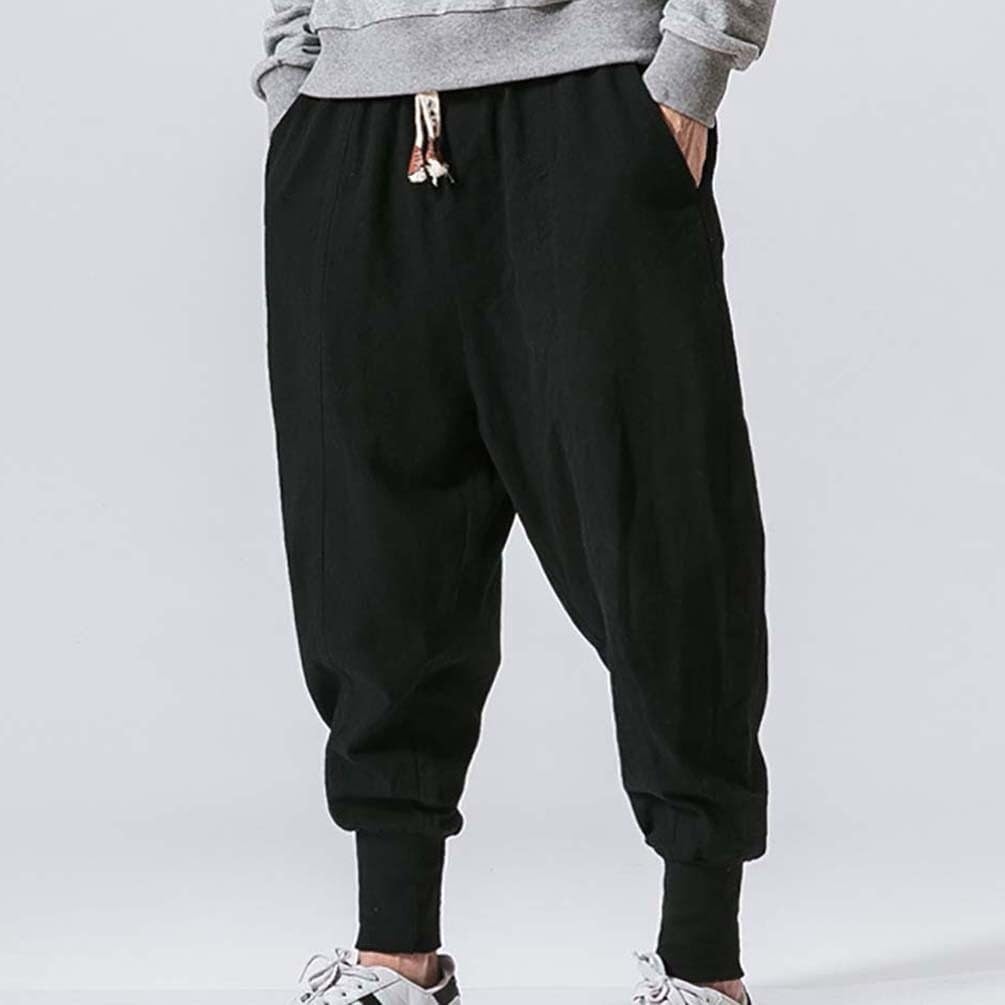 Męskie spodnie do biegania, lniane spodnie, spodnie dresowe z niskim krokiem, slim fit, spodnie haremowe hip-hopowe z kieszeniami