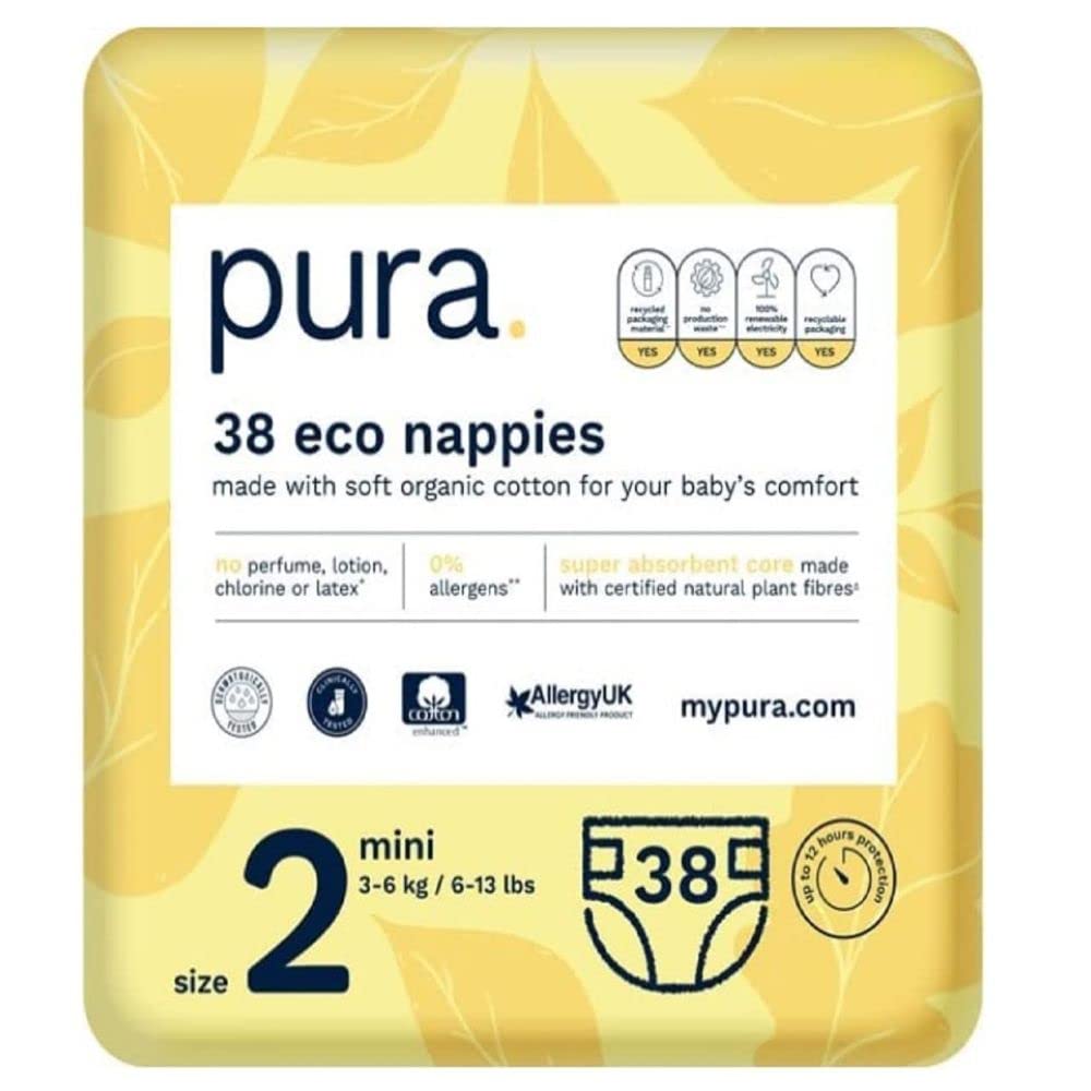 PuraBaby Nappies Size (Mini 3-6kg 6-13 lbs) pack of 38 Nappies, New  Baby, Allergy UK Approved, Made with Organic Cotton, Wetness Indicator,