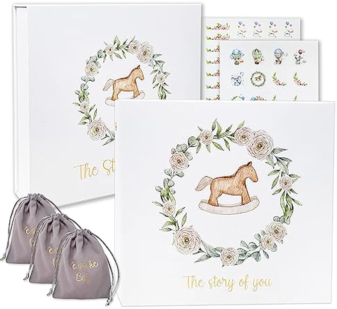Baby Keepsake Memory Book Set includes Keepsake Box,Keepsake Book,3 Keepsake Bags and 2 sheets of photo stickers, - Gender Neutral Baby Journal Scrapbook Photo Album to Record Baby's Milestones from P