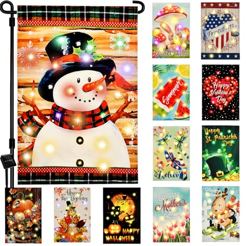 Flagmesage 01 Solar Seasonal Garden Flags Set Of 12, Lighted 12×18 Double-Sided Yard Flags For Outside Halloween Christmas Fall Thanksgiving Day Decorations Welcome Flag Outdoor Holiday Decor cover