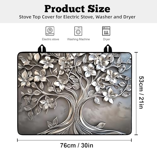 Image of Multi-Design Stove Top Cover for Glass /Electric Stoves - 3-in-1 Heat-Resistant Protector Mat, Non-Slip Drying Rack 30 inchx21 inch (Silver-Tree)