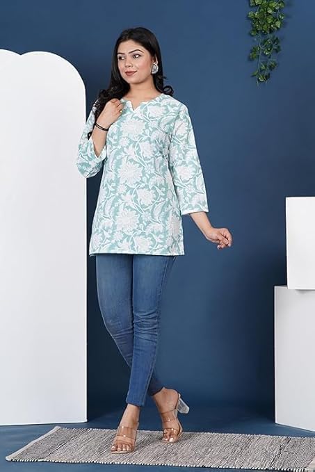 Traditional Cotton Print Kurta Office Short Kurti Tops Tunics for Women - Image 3