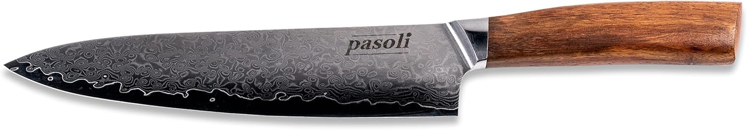 Pasoli Coltello da Chef Professionale - Coltello da Cucina in Acciaio Damasco Giapponese, Lama Damasco e Manico in Legno - Lama Affilata per Tagliare, Affettare, Tritare - Lungo 20cm, 67 Strati, VG-10