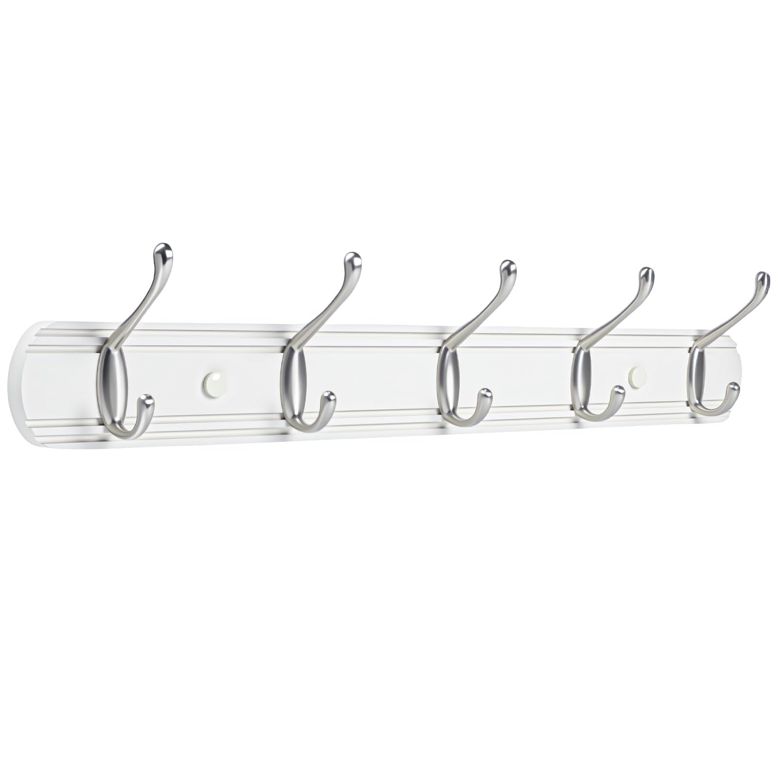 Yundoza Coat Hooks Wall Mount, Wood Bamboo Wall Coat Rack with 5 Metal Hooks for Hanging Clothes, Towels, Keys, Bags(White&Brushed Nickel)