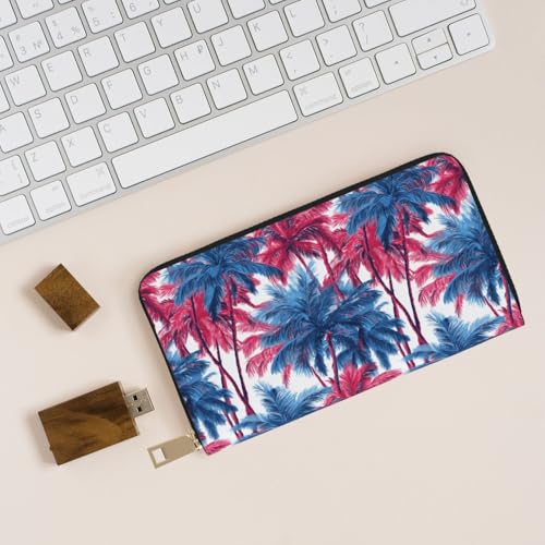 Leather Thin Slim Wallets for Women Men - Fashion Red Blue Hawaiian Palm Tree Print Card Wallet Holder with Zipper4
