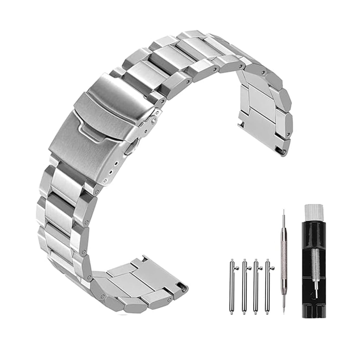 Massief dubbele sloten roestvrij stalen horlogeband, geborsteld afwerking horloge vervanging metalen armband voor mannen vrouwen 18 mm 20 mm 22 mm 24 mm, zwart zilver, 22mm