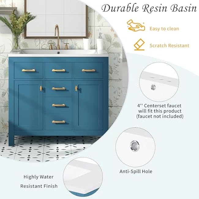 roomfitters 36 Vanity with Resin Sink, Solid Wood Cabinet with 4 Drawers and 2 Doors, Modern Freestanding Bathroom Set, Blue