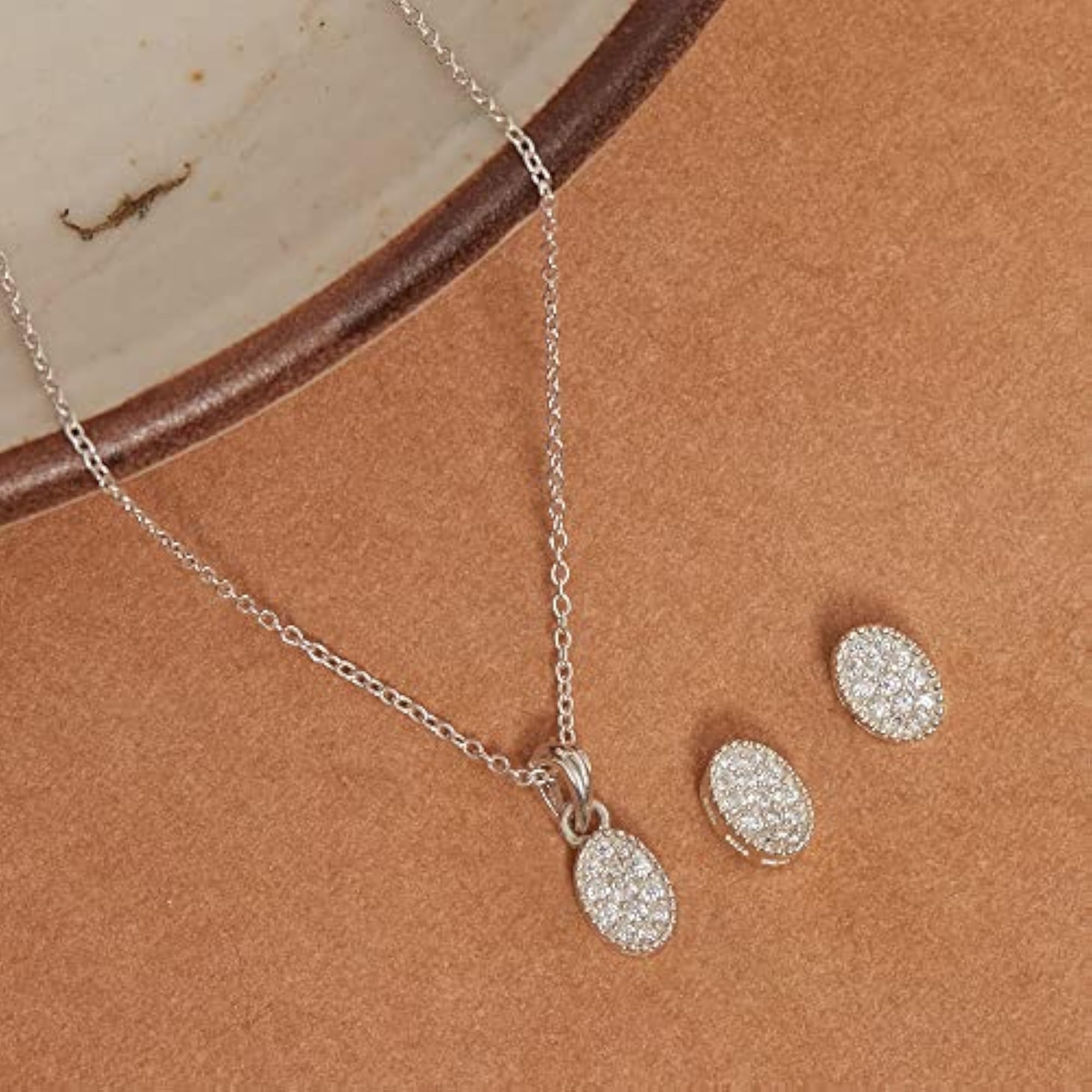 Women's Casual Oval CZ Pendant Necklace and Earring Set