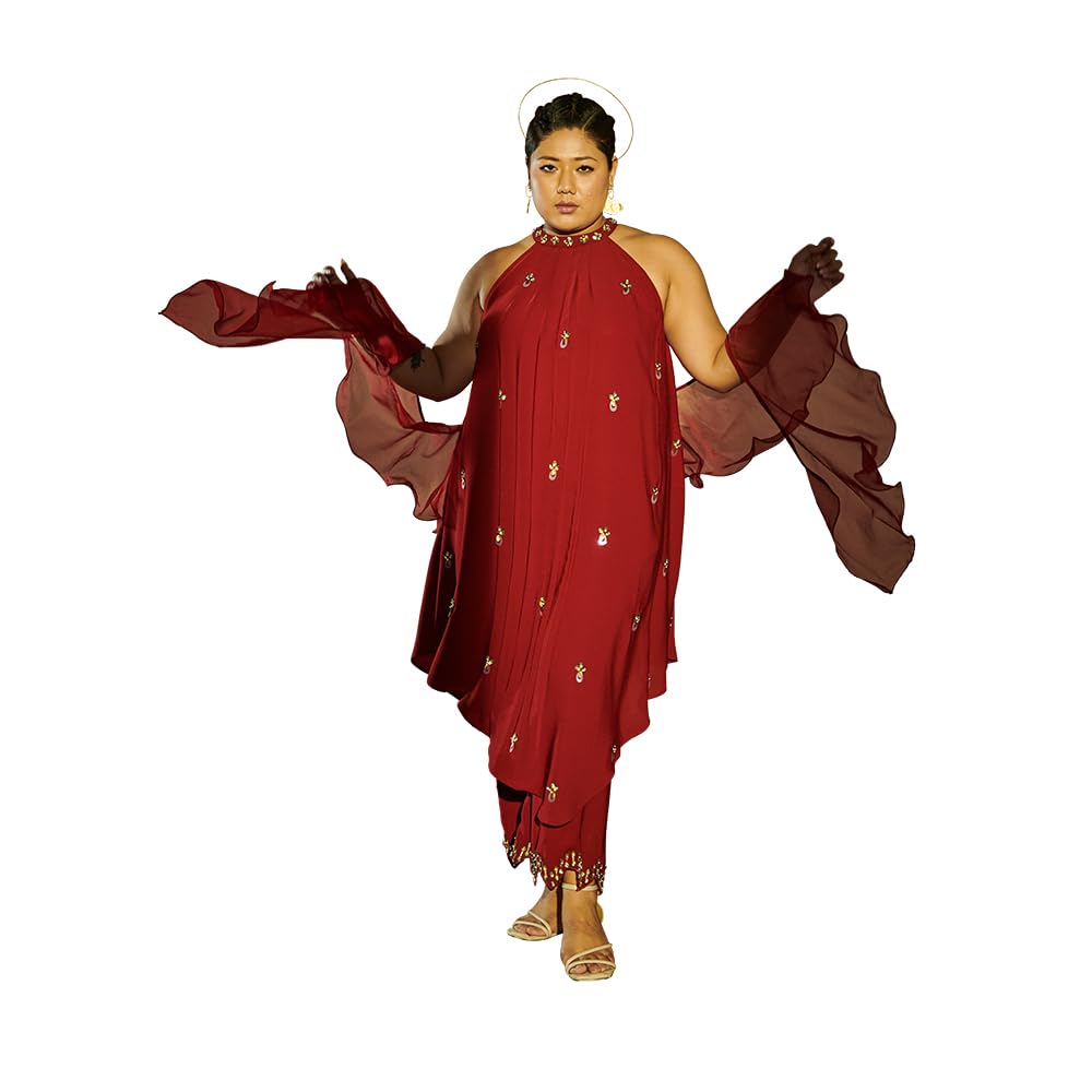Husna Maroon Halter Neck Co-ord Set-image-29
