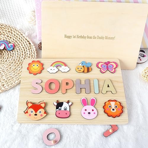 Image of Name Puzzle for Kids Personalized, Baby Easter Basket Stuffer - Custom Baby Boys Girls Easter Birthday Gifts with Engraved Text on Back, Montessori Learning Toys for Toddler 1-3