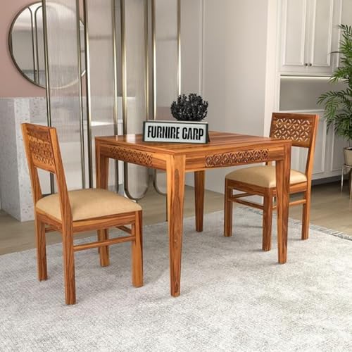 Image of Solid Sheesham Wood 2 Seater Dining Table Set with Cushioned Chairs for Dining Room | Living Room | Home & Office | Hotels Restaurant & Cafe (2 Seater, Honey Finish A)