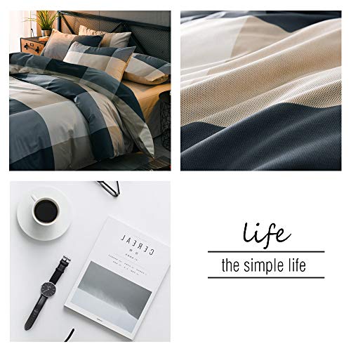 Image of mixinni Queen Size Checkered Duvet Cover Set - 3 Piece Grey Geometric Cotton Bedding Set with Zipper Closure & Corner Ties, 100% Washed Cotton Soft Breathable Duvet Cover for Men, Women, Teens (Queen)