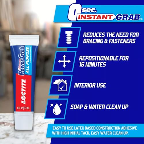 Image of Loctite Power Grab Express Construction Adhesive, ultimate strength, 0 second grab, high tack adhesive, No-nails and screws, no clamping, DIY no mixing, metal, tiles, wood, concrete,177ml x pack of 3