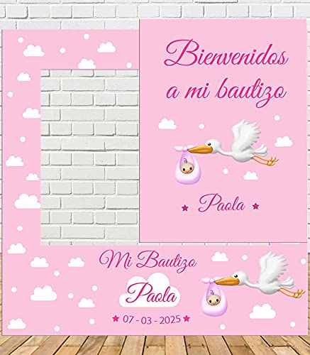 Photocall Bautizo Rosa Cigüeñas 100x100cm| Divertido y económico|Detalle de Bautizo de cigüeña|...