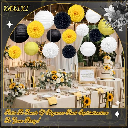 Image of KAXIXI 15-Pack Black Yellow Party Decorations, Paper Lanterns & Pom Poms