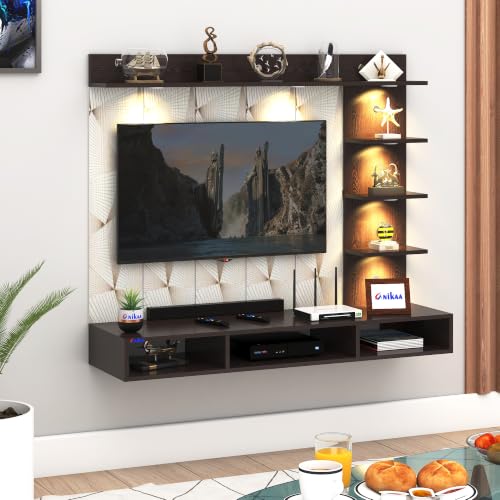 Image of Anikaa Tyron Engineered Wood Wall-Mount TV Unit with PVC Back Panel & LED Lights | TV Cabinet with Storage Box & Decorative Shelves (Wenge) | Ideal for TVs up to 55 Inch | DIY Installation