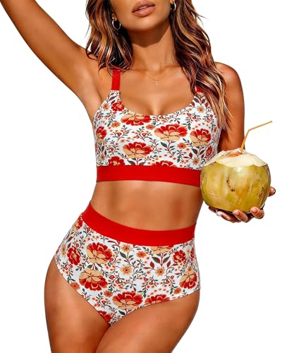 Image of Womens High Waisted Bikini Sets Sporty Crop Top Color Block Swimwear Bandeau Scoop Neck Vintage Two Piece Bathing Suits