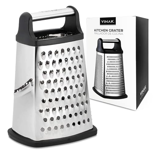 VINAK – Große Küchenreibe aus Edelstahl mit 4 Seiten: Breit + Lang + Fein + Zester | Mit ergonomischem Griff und rutschfester Gummibasis | Zum Reiben aller Arten von Lebensmitteln