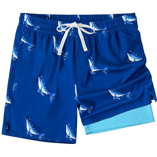 Image of XOMZG Men's Swim Trunks, 2 in 1 Bathing Suits Quick Dry Beach Hawaiian Board Shorts with Pockets