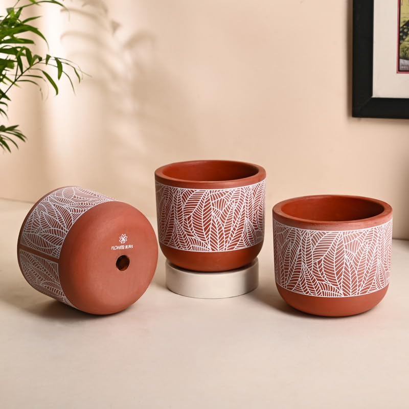 FlowerAura Decorative Leaf Design Printed Brown Terracotta Pot For Artificial & Live Indoor Plants & Planter for Home/Office Decor, Living Room, Kitchen, Bedroom, Table Top, Occasions Gifts (Set of 3)-image-3