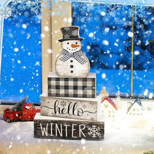 Image of Moucuny 4 Pcs Snowman Christmas Decor Winter Table Decorations Christmas Tiered Tray Decor Winter Centerpiece Decorations Indoor Rustic Wooden Snowman Block Sign Gift Farmhouse for Home Kitchen Shelf