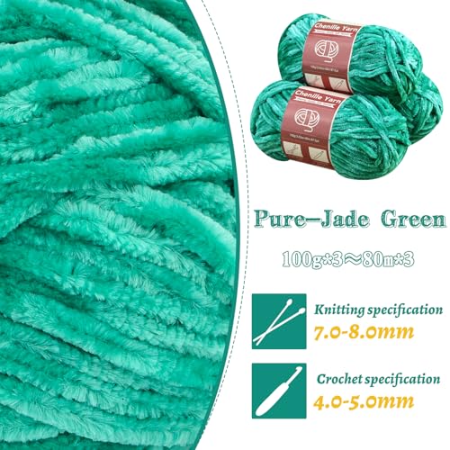 Image of LUNARM Chenille Yarn 3 Pack 3.5oz Chunky Blanket Velvet Yarn 263 Yard | Jade Green Chunky Chenille Yarn for Beginners Crocheting Hand Knitting Scarves with Big Eye Needles Machine Washable