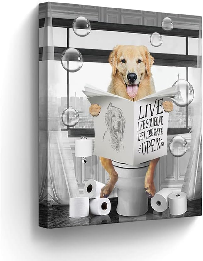 Golden Retriever Canvas Wall Art Black and White Funny Pictures Farmhouse Bathroom Wall Decor Dog Sitting in Toilet Painting for Toilet Bathroom Dog Artwork Framed 12"x16"