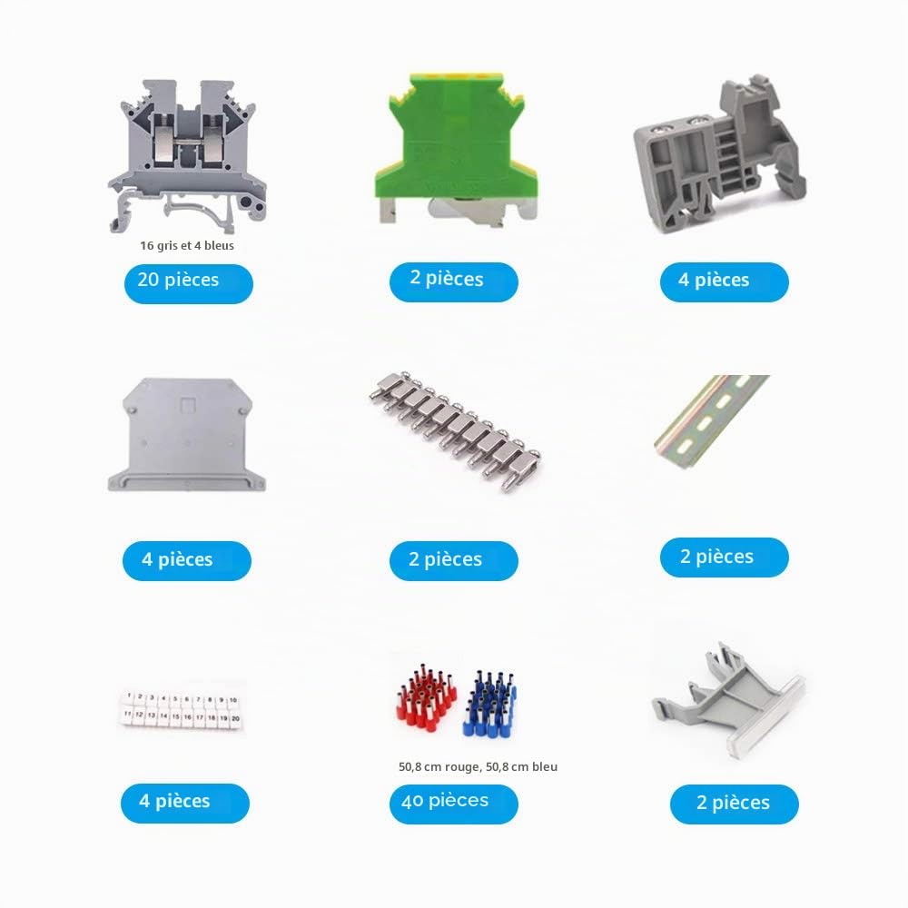 JINXM UK-2.5 Kit de Borniers de Rail DIN Connecteur de Bornier Connecteur de Boite Borniers sur Rail Din Bornier Blocs de Mise à la Terre Rails en Aluminium Capuchons Supports Cavaliers de Pont
