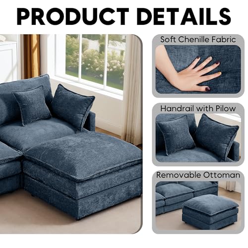 Image of 102 inch L Shaped Modular Sectional Sofa, Comfy Upholstery Chenille Cloud Couch with Ottoman, Modern 4-Seat Deep Seat Sofa with Pillow for Living Room, Bedroom, Apartment, Navy Blue