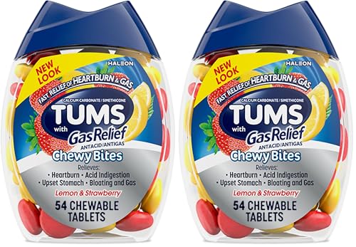 Image of TUMS Chewy Bites Chewable Antacid Tablets with Gas Relief, Lemon & Strawberry - 54 Count (Pack of 2)