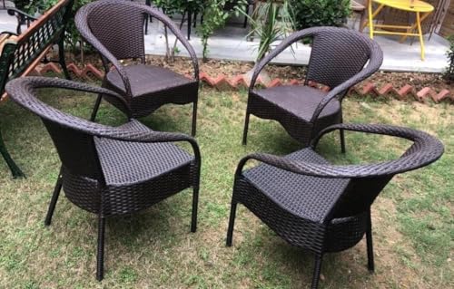 Image of PRATHAM India 4+1 Outdoor Indoor Patio Set Bistro Set Rattan Set Lawn Balcony Hall Outdoor Garden Chair Table Set (Brown Chair & Brown Cushion)