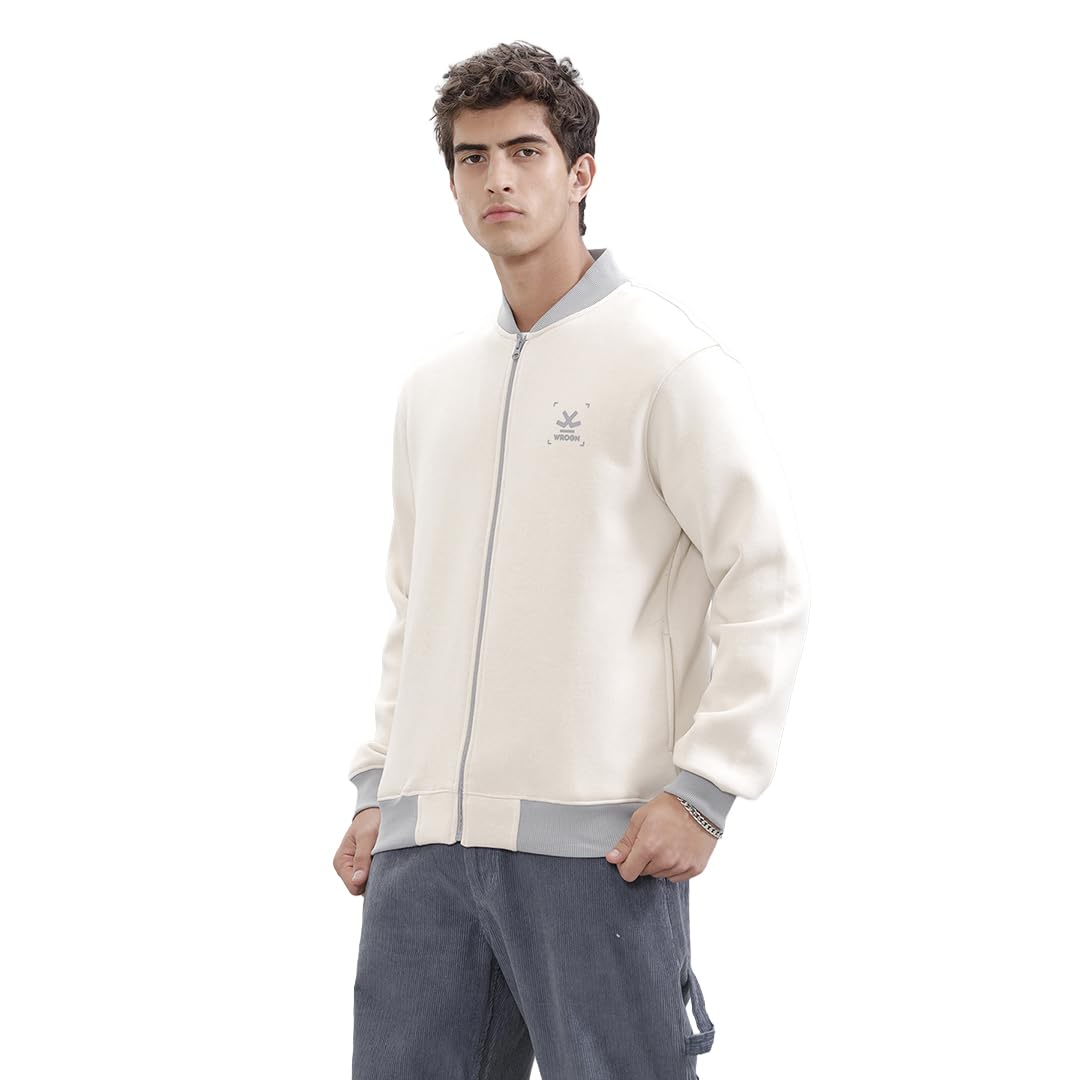 WROGN Men's Cotton Blend Zip-Up Jacket | Contrast Trim Design | Comfort Fit in neutral