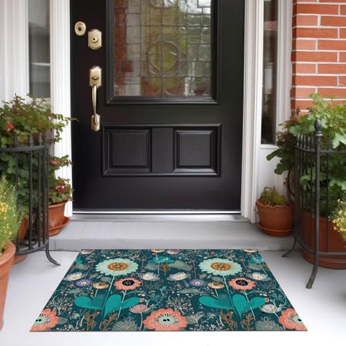 Tapis poils courts bohème lavable 240x300cm floral sarcelle - 5
