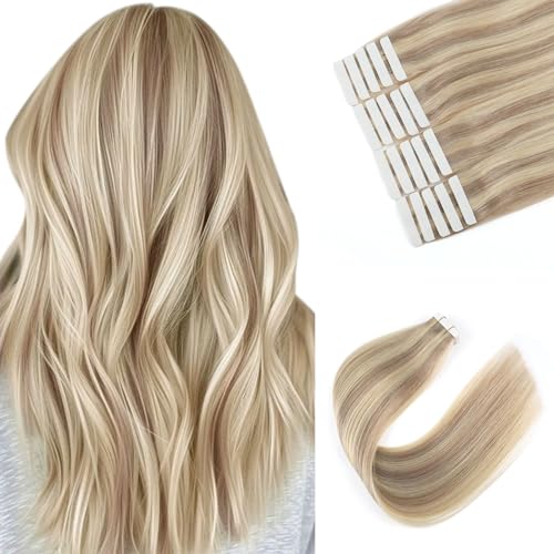 Image of Sixstarhair Tape in Hair Extensions Human Hair Highlighted Blonde to Medium Blonde Remy Human Hair Ombre Blonde Tape in Hair Extensions Soft Real Human Hair 50g 20pcs [P16 /22 16inch]