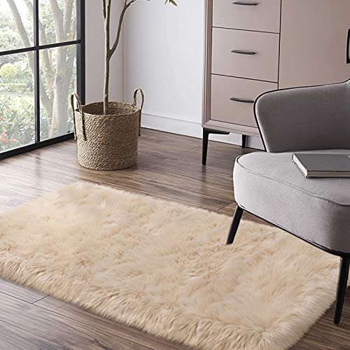 Image of Tangsoo 2x4 Beige Small Faux Rur Rug,Fluffy Rug for Sofa Chair Couch Cover