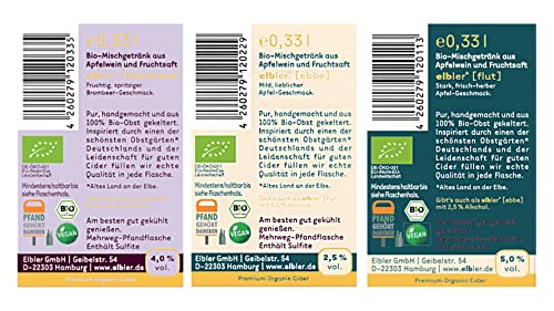 Elbler Cider, Mix 24-er Pack: 8 x Ebbe 2.5% Vol., 8 x Boje 4.0% Vol., 8 x Flut 5.0% Vol., 0,33 l, inkl. 1,92€ Pfand, Äpfel & Brombeeren, Vegan, Handgemachter Cider, 100% Bio-Obst, Kalorienarm