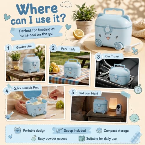 Image of Uonibaby by StarAndDaisy Formula Milk Container for Baby Milk Powder Container with Scoop, Portable Formula Dispenser, Airtight First Feed Baby Food Storage Container /Box for Travel -Kitty Blue