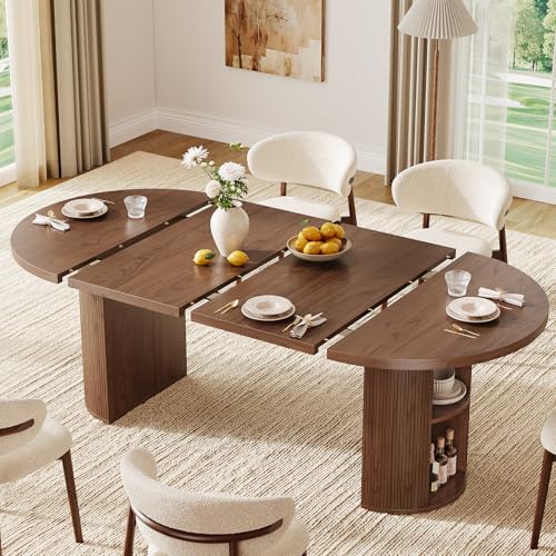 ONBRILL 41-78 Inch Extendable Dining Table for 4-8 Fluted Expandable Kitchen Table with Storage 2 Leaf Mid Century Modern Oval Dinner Tables for Dining Room Kitchen Living Room Walnut