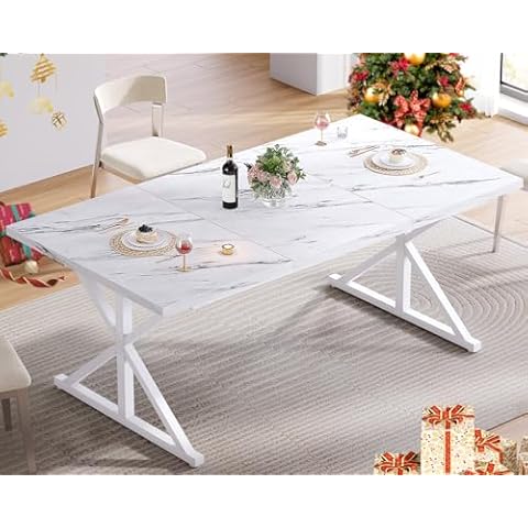 IBF White Faux Marble Dining Table, Rectangle Modern Dinner Table for 4-6 People, Industrial Large Wood Metal Dining Room Table, Farmhouse Long Kitchen Table for Living Room, White Marble, 60 Inch Cover