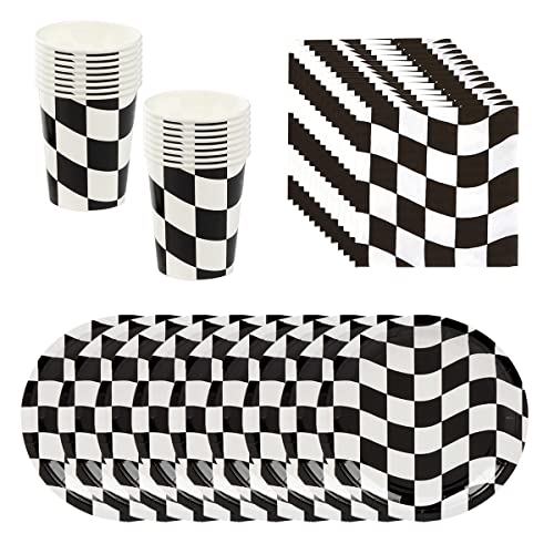 BlinBlin Voiture de Course Articles de Fête, Noir et Blanc Accessoires de fête D'anniversaire, Assiettes en Papier sur le Thème des Voitures de Course, Serviettes, Tasses, Pour 20 Invités
