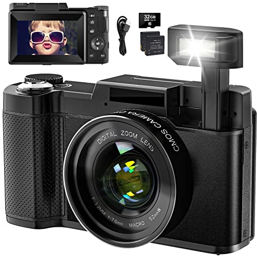 Cámara digital 4K con función macro, flash elevable y pantalla abatible de 180° negra