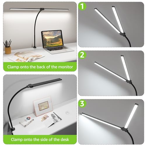 Image of ShineTech LED Desk Lamp for Home Office, 3000K Warm White Double Head Architect Task Lamps with Clamp, Dimmable Adjustable Flexible, Black
