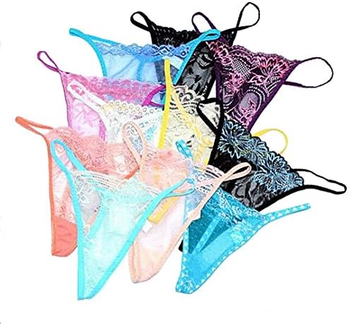 estyou® Pack of 10 Lace G-string Sexy Lingerie T-back Thongs Panties Assorted Color, (Multicolored), Medium