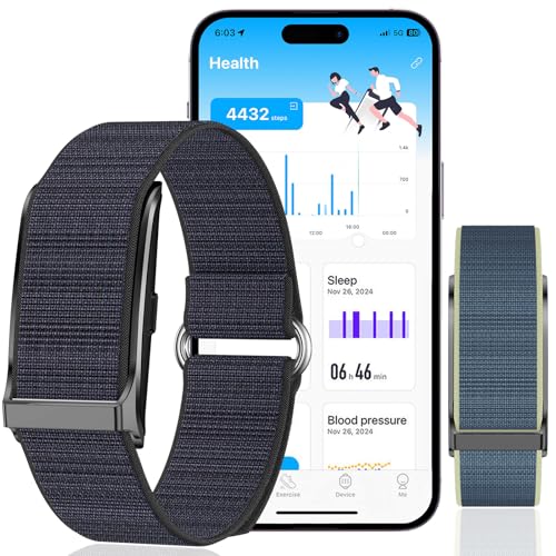 LAXISCREED Pulsera de Actividad sin Pantalla con Cardio, SpO2, Sueño, 127 Deportes, Pulseras de Nylon Doble (Negro+Azul), Notificaciones Inteligentes, Resistente al Agua IP68, Larga Autonomía, Unisex