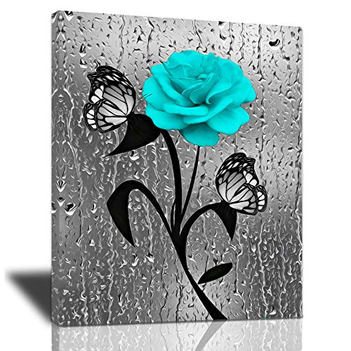 Farmhouse Bathroom Decor Canvas Wall Art Teal Blue Roses Butterfly Picture Wall Decor Black and White grey Bath Painting Print Artworks Modern Home Decorations Framed For Living Room Bedroom 12x16inch