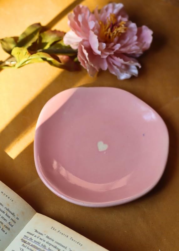 Image of WEAVING HOMES Pink Cupid Handmade Ceramic Dessert Plate, Sweet Plate 16 cm Set of 1, Microwave & Dishwasher Safe Side Plate for Cakes, Pastries, Tea Time & Desserts