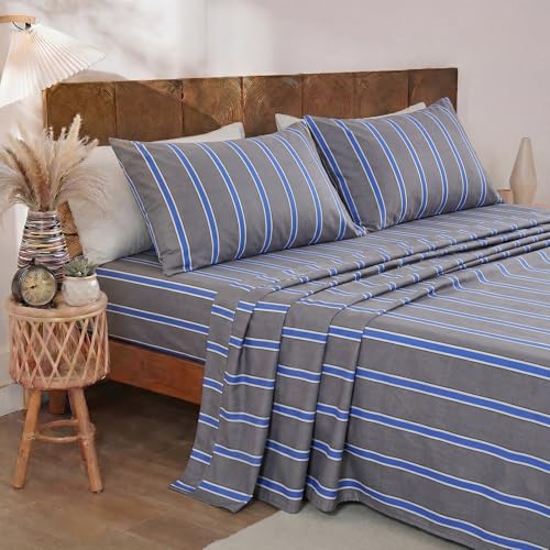 Image of Merryword 100% Cotton Sheet Set Full Size - Blue and Gray Striped Bedding, Soft Breathable Percale Weave, Deep Pocket Fitted Sheet 17.5 inch, Luxury & Silky Soft Sheet Set for All Seasons