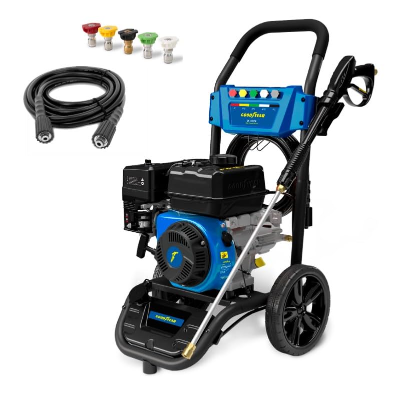 Goodyear - Hidrolimpiadora de Gasolina Profesional, Motor OHV 223cc 7hp, 235 Bares (3400 PSI), 590 L/h, Depósito Detergente 2L, Incluye 5 Boquillas y Manguera 9.2m para Limpieza de Exteriores
