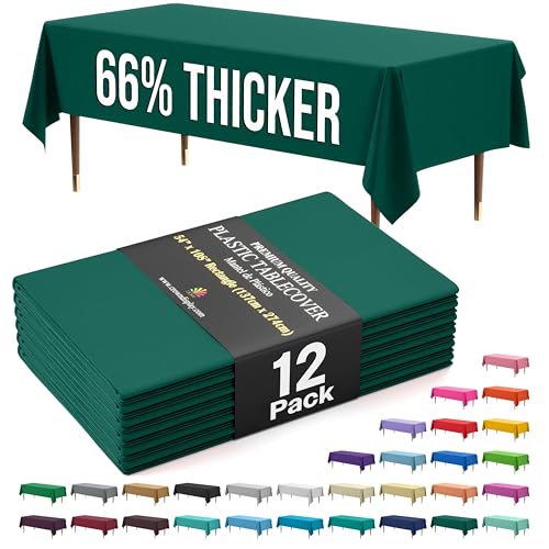 Exquisite 66% Thicker Premium Plastic Table Cloth Rectangle Table Cover 0.5 Mil 12 Pack Dark Green Table Cloth 54 Inch x 108 Inch Disposable Tablecloth Won't Tear Easily Like Cheap Thin Brands