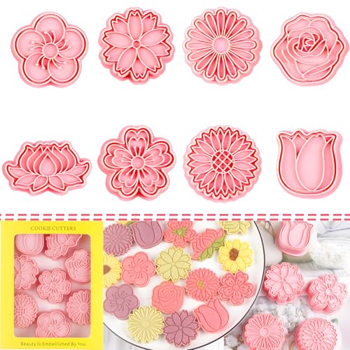 BESEK Flower Cookie Cutters: 8 pcs Flowers Cookie Cutter, Spring Flowers Cookie Stamps for Biscuit...